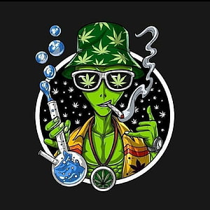 Cool Green Alien Smoking Joint and Holding Bong with Cannabis Leaf Hat and Sunglasses HD phone wallpaper
