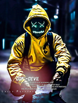 Glowing Skull Mask Figure in Yellow Hoodie with Neon X Eyes and Stitched Grin HD phone wallpaper