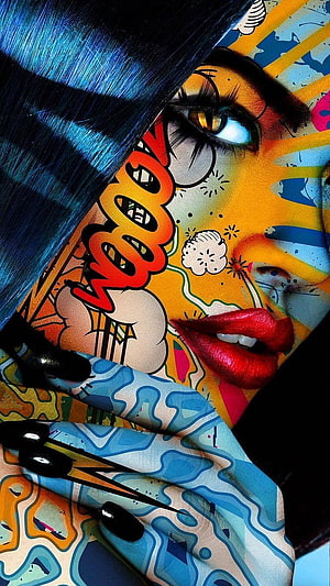 Vibrant Pop Art Face Painting with Comic Book Elements and Bold Red Lips HD phone wallpaper