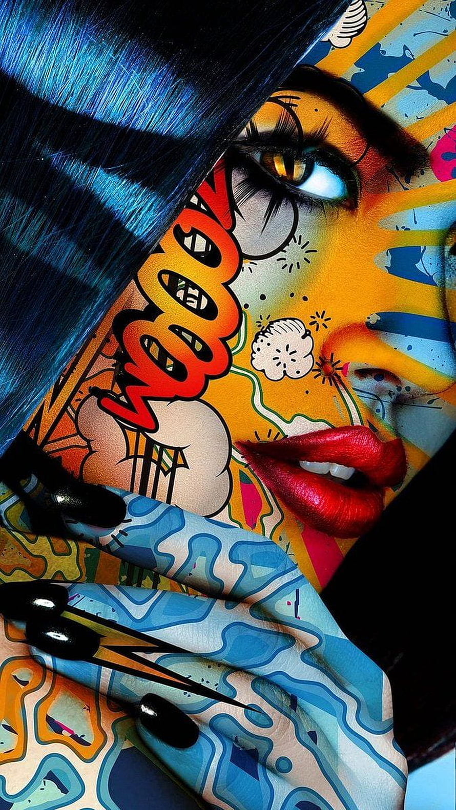 Vibrant Pop Art Face Painting with Comic Book Elements and Bold Red Lips HD phone wallpaper
