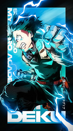 Izuku Midoriya from My Hero Academia in dynamic action pose with lightning effects HD phone wallpaper