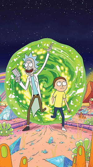 Rick and Morty Cartoon Characters Standing Before a Glowing Green Portal on an Alien Planet HD phone wallpaper
