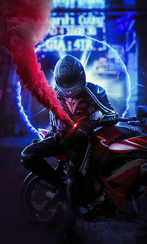 Neon Biker with Red Smoke Trail on Sport Motorcycle in Cyberpunk Night Scene HD phone wallpaper