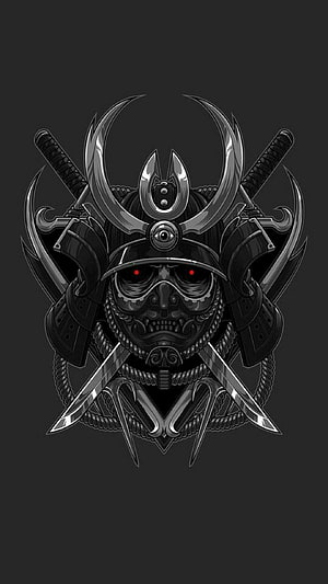 Dark Samurai Skull Helmet With Glowing Red Eyes And Crossed Swords HD phone wallpaper