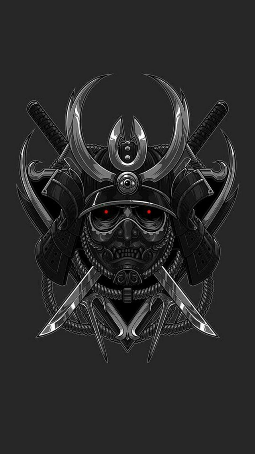 Dark Samurai Skull Helmet With Glowing Red Eyes And Crossed Swords HD phone wallpaper