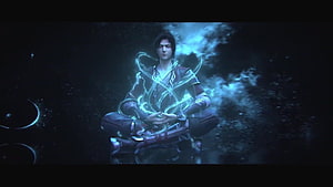 Tang San Meditating with Blue Spiritual Energy in Dark Fantasy Setting HD wallpaper