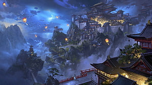 Mystical Ancient Asian Mountain Fortress at Night with Floating Lanterns and Misty Valleys HD wallpaper