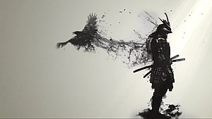 Silhouette of a Japanese Samurai Warrior Dissolving into a Flying Crow HD wallpaper