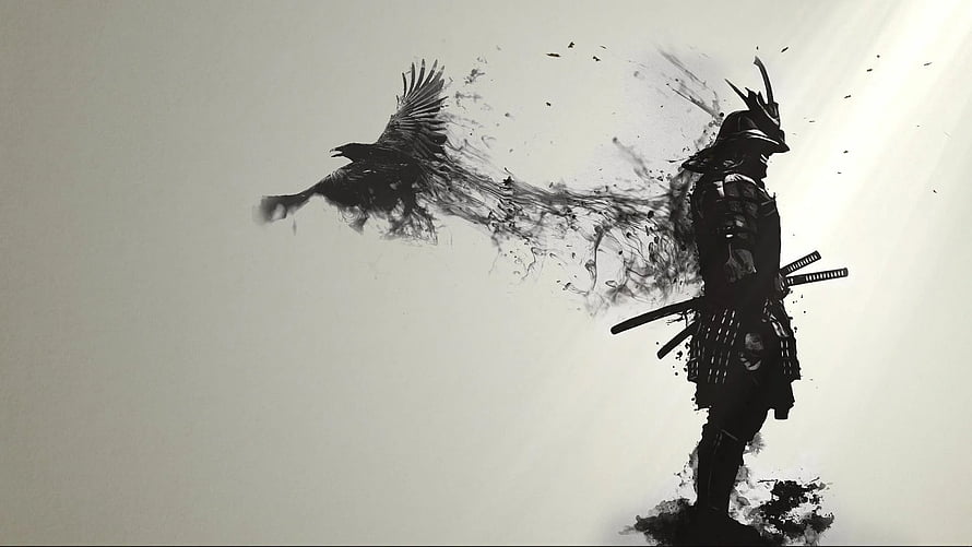 Silhouette of a Japanese Samurai Warrior Dissolving into a Flying Crow HD wallpaper