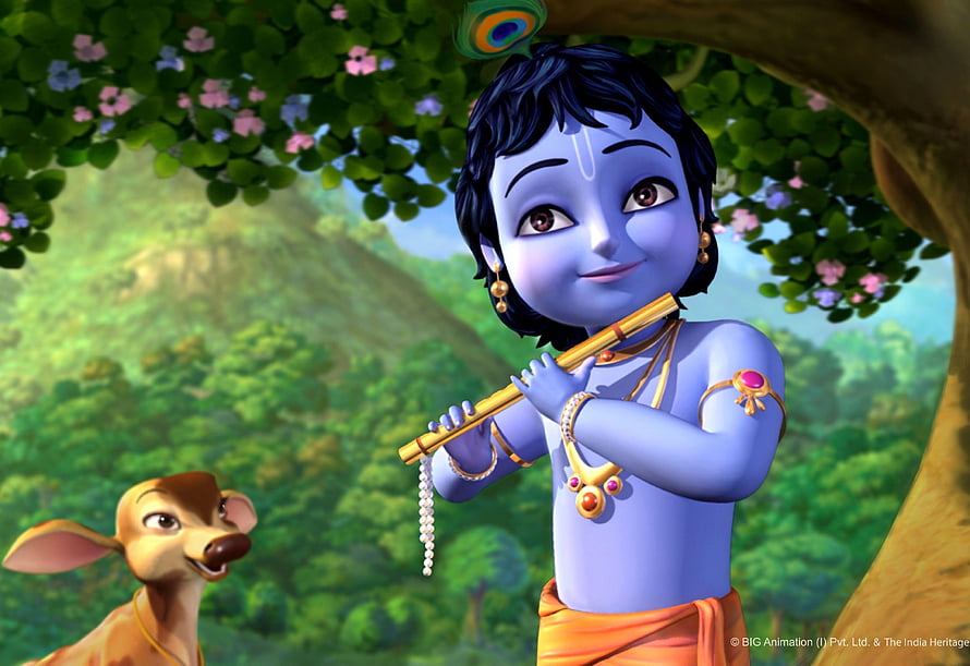 Baby Krishna Playing Flute With Deer In Lush Green Forest HD wallpaper