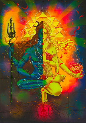 Divine Shiva and Shakti Union: Vibrant Psychedelic Hindu Deity Artwork with Trishul and Chakra Symbols HD phone wallpaper