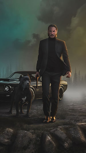 John Wick Walking With Dog And Classic Car In Dark Forest HD phone wallpaper