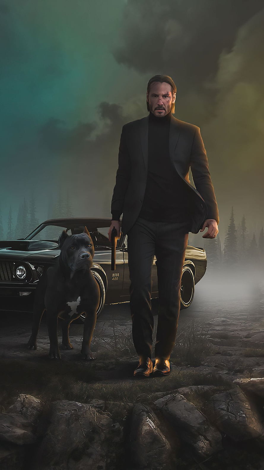 John Wick Walking With Dog And Classic Car In Dark Forest HD phone wallpaper