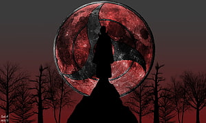 Itachi Uchiha Silhouette Before the Mangekyou Sharingan in a Dark Red Landscape HD wallpaper