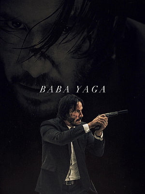 John Wick Aiming Pistol in Dark Suit with Baba Yaga Text Overlay HD phone wallpaper