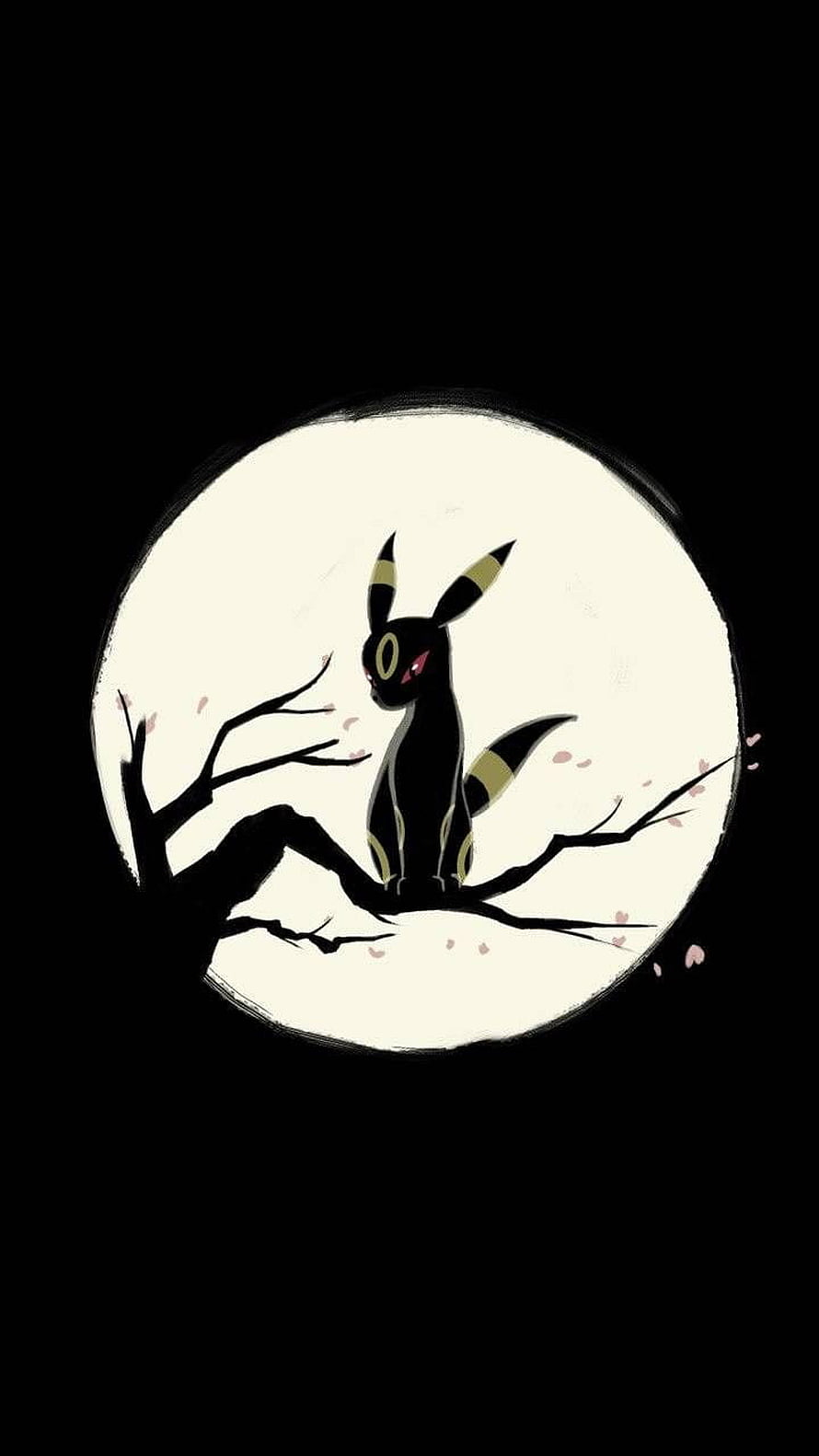 Umbreon Silhouette Perched on Branch Against Full Moon in Minimalist Art Style HD phone wallpaper