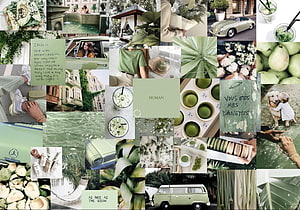 Sage Green Aesthetic Collage Featuring Matcha, Nature, and Vintage Cars HD wallpaper
