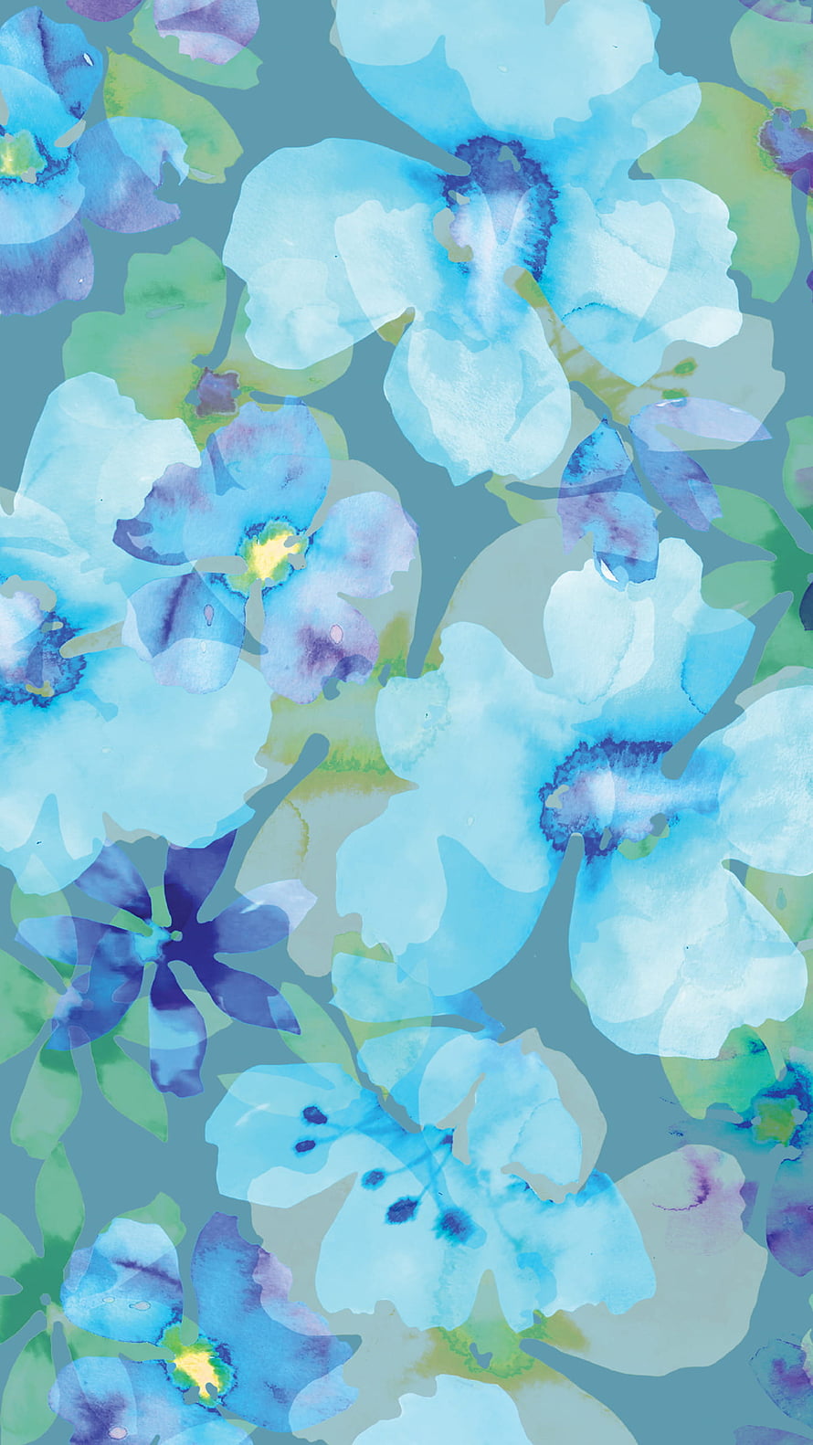 Watercolor Blue Floral Pattern with Soft Green Leaves and Purple Accents HD phone wallpaper