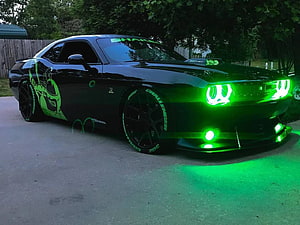 Black Dodge Challenger Hellcat with Neon Green Underglow and Custom Graphics HD wallpaper