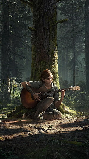 Ellie playing acoustic guitar in the forest from The Last of Us Part II HD phone wallpaper
