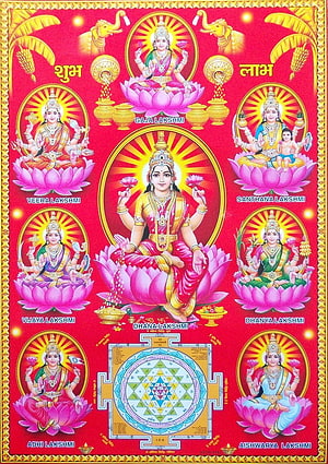 Ashta Lakshmi: The Eight Forms of Goddess Lakshmi on Lotus with Sacred Yantra HD phone wallpaper