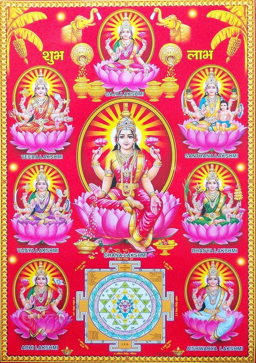 Ashta Lakshmi: The Eight Forms of Goddess Lakshmi on Lotus with Sacred Yantra HD phone wallpaper