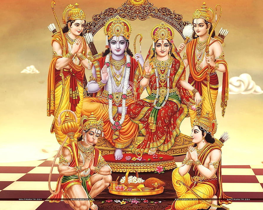 Ramayana Parivaar: Lord Rama, Sita, Lakshmana, Hanuman, and Shatrughna Divine Family Portrait, Ram Darbar &, ram darbar HD wallpaper