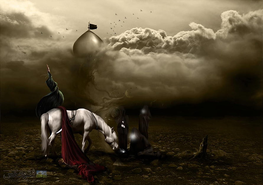 Karbala Ashura Scene with White Horse and Mourner in Sepia Fantasy Landscape HD wallpaper