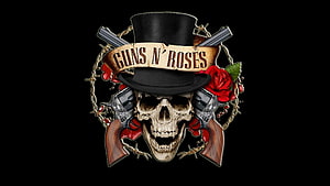 Guns N' Roses Skull Emblem with Top Hat, Revolvers, and Red Roses on Black Background HD wallpaper