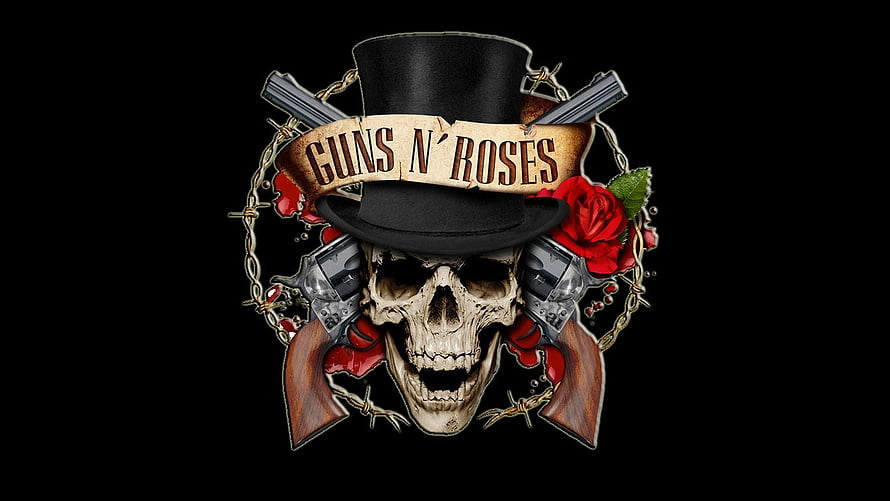 Guns N' Roses Skull Emblem with Top Hat, Revolvers, and Red Roses on Black Background HD wallpaper