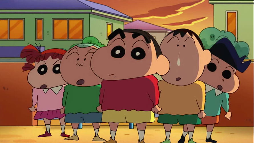 Crayon Shin-chan Anime Group of Kids Standing Together at Sunset HD wallpaper