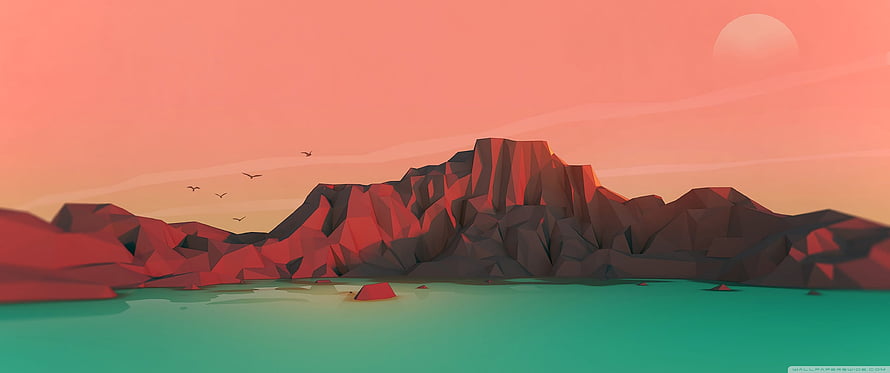 Low Poly Mountain Landscape With Sunset Sky And Turquoise Water HD wallpaper
