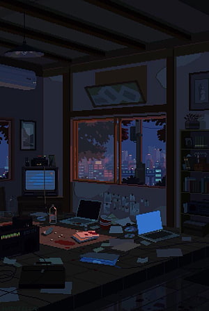 Pixel Art Messy Room Interior With City View At Night HD phone wallpaper