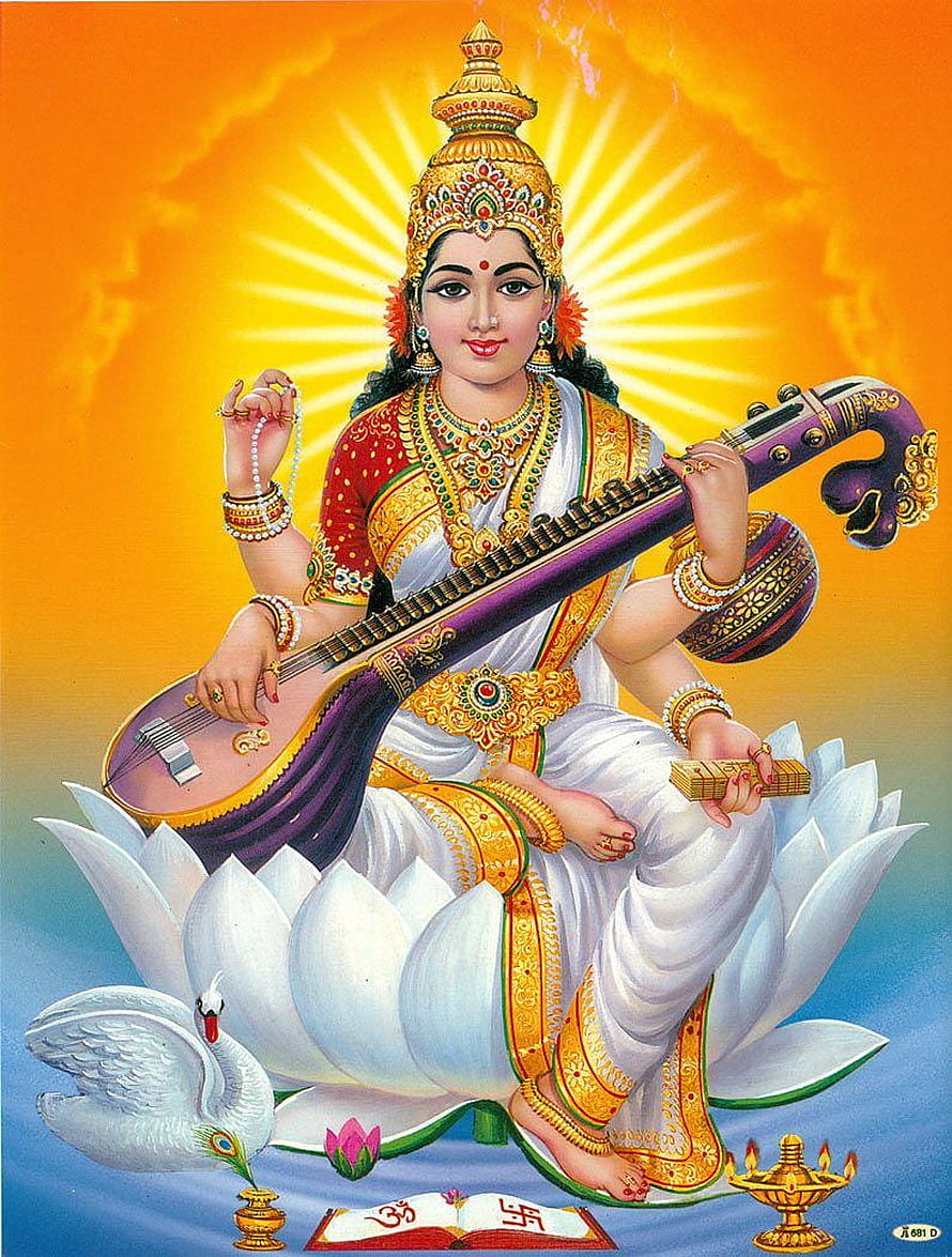 Saraswati Goddess Playing Veena on White Lotus with Swan HD phone wallpaper