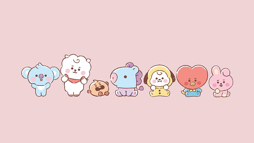 BT21 Character Lineup on Soft Pink Background HD wallpaper