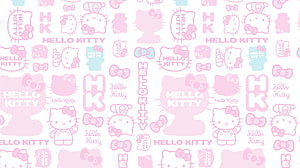 Cute Pastel Pink Hello Kitty Pattern with Bows and Logos on White Background HD wallpaper