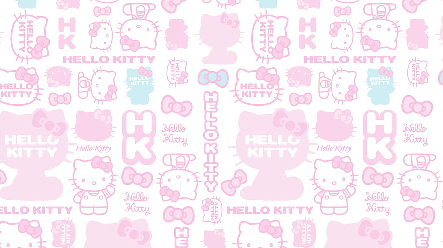 Cute Pastel Pink Hello Kitty Pattern with Bows and Logos on White Background HD wallpaper