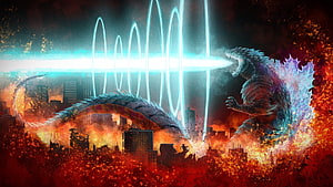 Godzilla unleashing atomic breath over a burning cityscape in a dramatic cinematic battle scene HD wallpaper