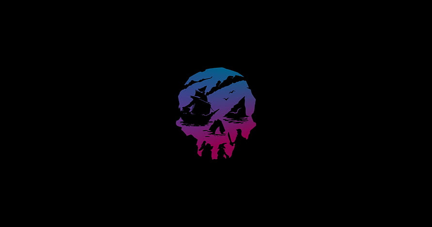 Neon Gradient Skull with Pirate Ship Silhouette on Black Background HD wallpaper