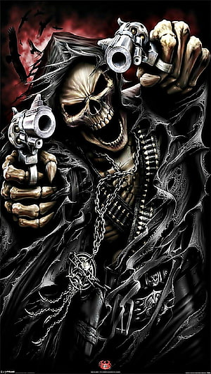 Grim Reaper Skeleton Holding Dual Revolvers in Dark Gothic Style HD phone wallpaper