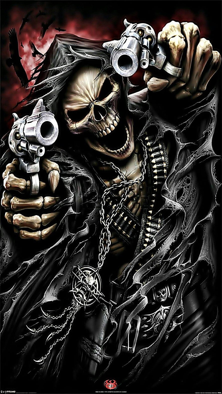 Grim Reaper Skeleton Holding Dual Revolvers in Dark Gothic Style HD phone wallpaper
