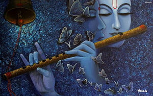 Blue Krishna Playing Flute With Butterflies And Temple Bell Art HD wallpaper