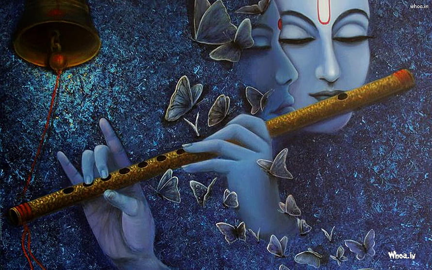 Blue Krishna Playing Flute With Butterflies And Temple Bell Art HD wallpaper