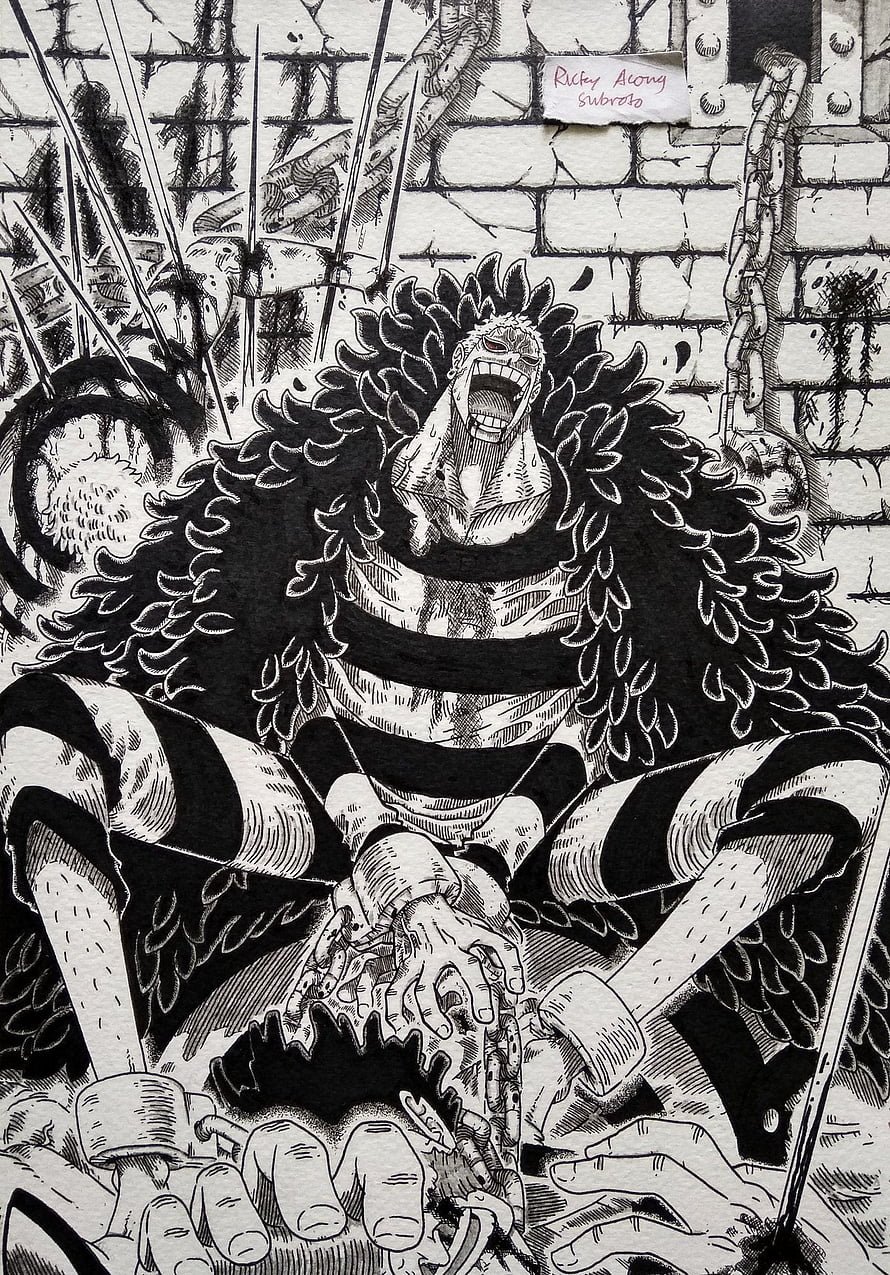 Black and White One Piece Manga Illustration of a Struggling Prisoner HD phone wallpaper