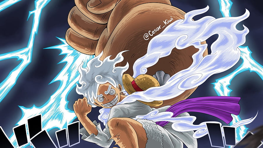 Monkey D. Luffy Gear 5 Anime Artwork with Lightning and White Aura HD wallpaper