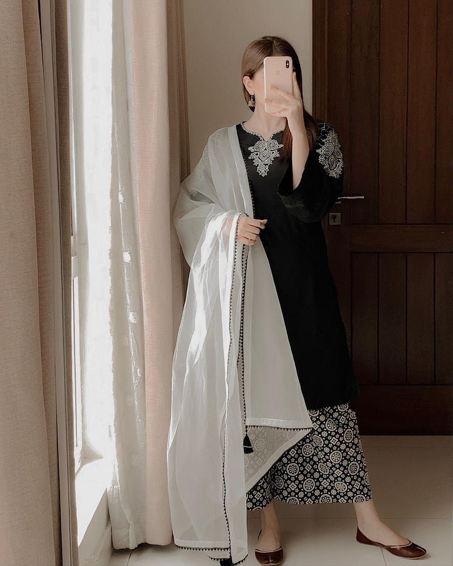 Elegant Woman in Black Embroidered Kurta and White Dupatta Standing by Window, Stylish Girl Hidden Face DP with Mobile , girl mobile hidden face HD phone wallpaper