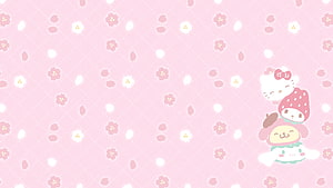 Sanrio Characters Stacking on Pink Cherry Blossom Background HD wallpaper