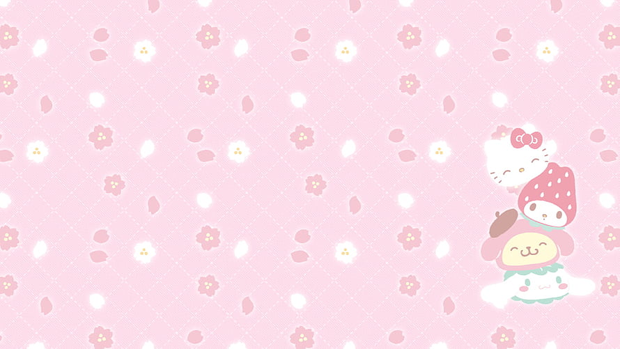 Sanrio Characters Stacking on Pink Cherry Blossom Background HD wallpaper