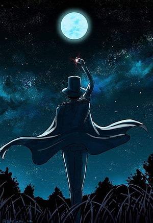Kaito Kid in a top hat and cape holding a glowing card beneath a full moon in a starry night sky HD phone wallpaper