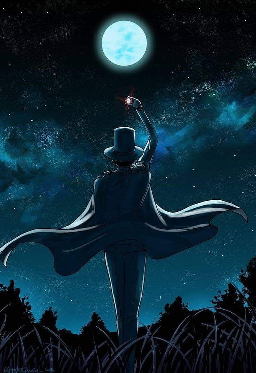 Kaito Kid in a top hat and cape holding a glowing card beneath a full moon in a starry night sky HD phone wallpaper